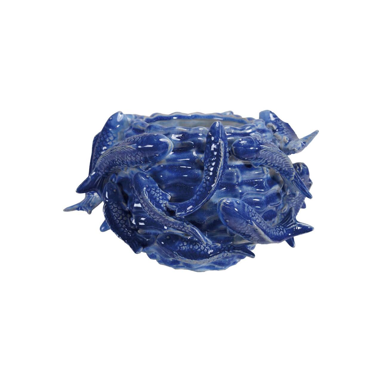 Hello Honey® 4" Round Handmade Stoneware Blue Planter with 3D Fish in Reactive Glaze